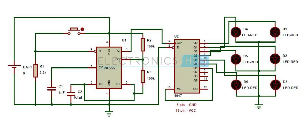 Circuit Diagram of Unbiased Digital Dice with LEDs Digital Dice with LEDs Circuit